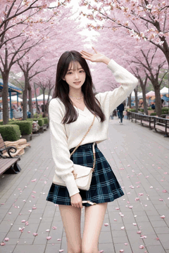 AI generated video: a young woman is posing on the cherry blossom path, and, Cherry blossom leaves…