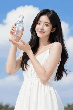 AI generated video: A young woman in a white dress is holding a cosmetic bottle and smiling, her…