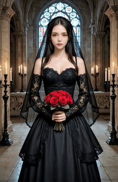 AI generated video: A striking woman in a black, lace-detailed dress slowly turns her head to the…