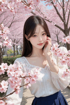 AI generated video: a young woman with long dark hair poses among the cherry blossoms, Cherry…
