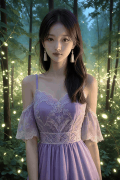 AI generated video: A woman in a purple dress stands in the woods and slowly moves her body, The…