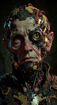 AI generated video: a stylized illustration of an aged woman laughing with a sinister, knowing…