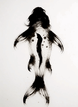 AI generated video: Ripples form across the foreground (the water's surface), and a fish drawn in…