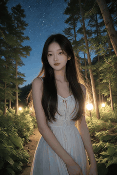 AI generated video: A young woman in a white dress is standing on a forest path, the street lights…