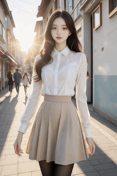 AI generated video: A young woman walks slowly on the street, Her hair is swaying in the wind…