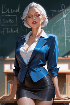 AI generated video: A platinum blonde woman in a fitted bright blue blazer, white button-down…