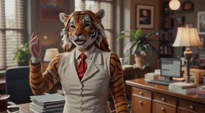 AI generated video: A tigergirl with sleek orange fur and distinct stripes, wearing a tailored…