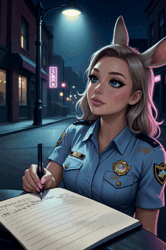AI generated video: Judy Hopps writing in her notepad under a streetlight in Zootopia, officer…