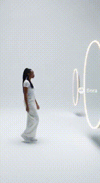 AI generated video: In an infinite white boundless room, @alexiaadana walks past a line of tall…