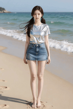 AI generated video: A young woman is standing on the beach,, Hair blows in the wind, The waves are…