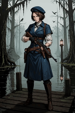 AI generated video: illustration of Jill Valentine as a Hunt: Showdown 1896 hunter, standing on a…