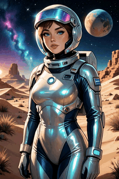 AI generated video: sexy woman centered, A stranded astronaut, helmet visor slightly fogged…