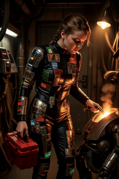 AI generated video: resistance technician, toolbox strapped to thigh, leather bodysuit covered in…