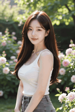 AI generated video: A young woman with long hair is standing in the garden and smiling, Her long…