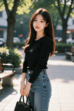 AI generated video: A young woman is standing on a park promenade and smiling, long hair swaying in…