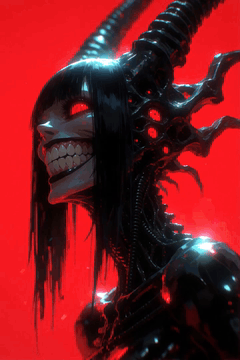 AI generated video: At first, she is motionless; a multitude of red eyes on the back of her head…