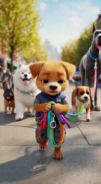 AI generated video: New scene based on this scene. Show the dog character walking a bunch of…