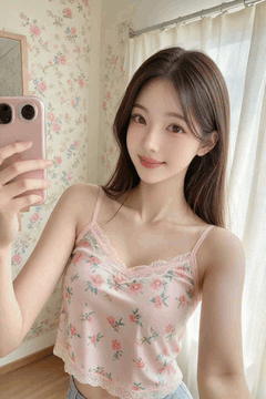 AI generated video: A woman takes a selfie and moves her arms slightly, The window curtain swings…