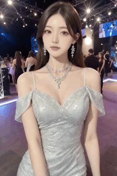 AI generated video: A woman in a silver dress stands in front of the awards ceremony and turns her…