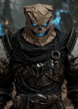 AI generated video: Deathknight with halloween mask made of paper bagand through cutouts his blue…