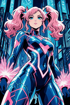 AI generated video: holographic pop idol, ultrashiny mini bodysuit with vibrant circuitry veins…