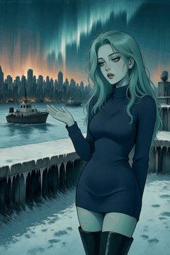 AI generated video: woman upper body, aqua hair, hand palm open, thinking, teeth, wearing Sweater…