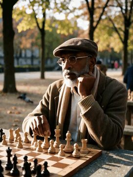 AI generated video: 0-3s: He keeps his gaze on his opponent, his fingertips resting on the chess…