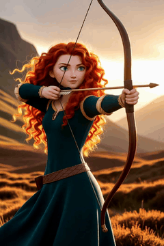 AI generated video: Merida aiming her bow in the Scottish highlands, wild red curls glowing in the…