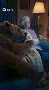 AI generated video: The bear and grandma now are resting in the tv lounge watching the tv peacefully