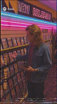AI generated video: Inside a 1980s video rental store. VHS tapes line the shelves, neon signs glow…