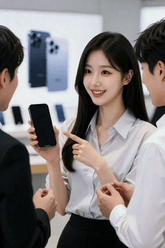 AI generated video: A female clerk holds a smartphone, explains to two men, and points her finger…
