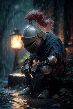 AI generated video: a sad knight sitting on door steps, it is raining