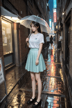 AI generated video: A young woman holding a transparent umbrella is standing in a rain soaked…