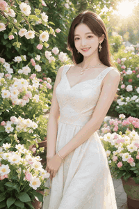 AI generated video: A beautiful beautiful woman is standing in a flower garden with a smile,, the…