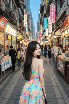 AI generated video: A woman in a floral dress turns around and smiles,, people come and go in a…