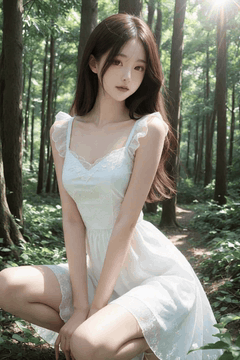 AI generated video: A young woman in a white dress is crouching in the forest, her long hair…