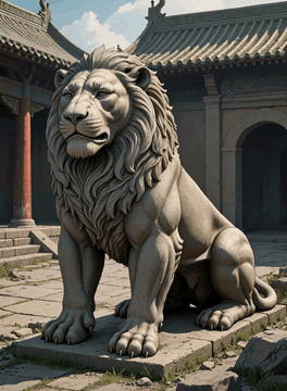 AI generated video: stippledot, one ancient stone lion statue stands in a ruined courtyard. Cracks…