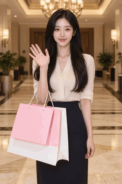 AI generated video: A woman with a shopping bag waves to the camera, with long hair fluttering in…