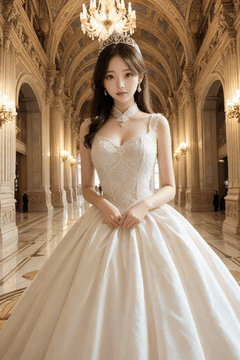 AI generated video: The bride, dressed in a wedding dress, stood in a gorgeous palace hallway and…