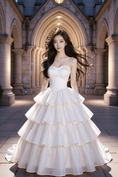 AI generated video: A woman in a wedding dress slowly walks in front of the main entrance of the…