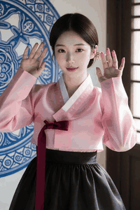 AI generated video: A woman wearing a hanbok raises her hands and waves them from the side of her…