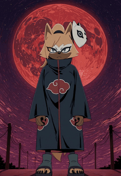 AI generated video: Cinemagraph of Whisper the Wolf in a Akuatuki outfit standing menacingly with…