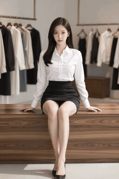 AI generated video: a woman in a suit sat at a wooden table and changed her posture, The clothes on…