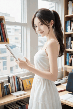 AI generated video: A young woman in a ponytail is standing with a book, A soft breeze waving her…