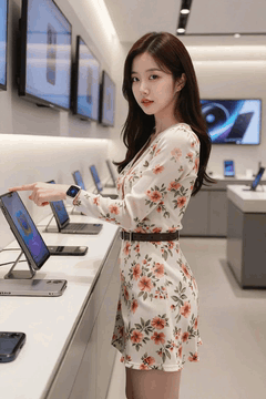 AI generated video: A woman in a floral dress points at her tablet and turns her body slightly, The…