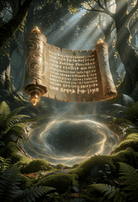 AI generated video: An ancient, glowing golden scroll hovering in mid-air within a lush, enchanted…