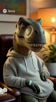 AI generated video: Make a T. rex with very bad emotional issues saying “I swear I’m a duck”