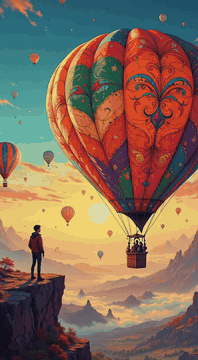 AI generated video: Style: vibrant fantasy. A lone figure is gazing up at a colossal hot air…