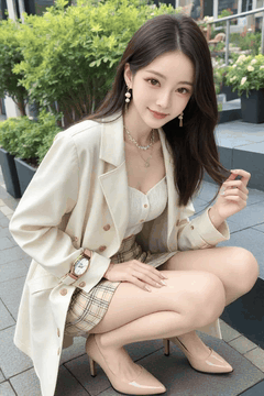 AI generated video: A young woman sits on her knees and smiles softly, The long hair swings softly…