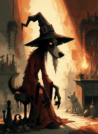 AI generated video: An old, anthropomorphic dog wizard. He switches from stroking his beard and…